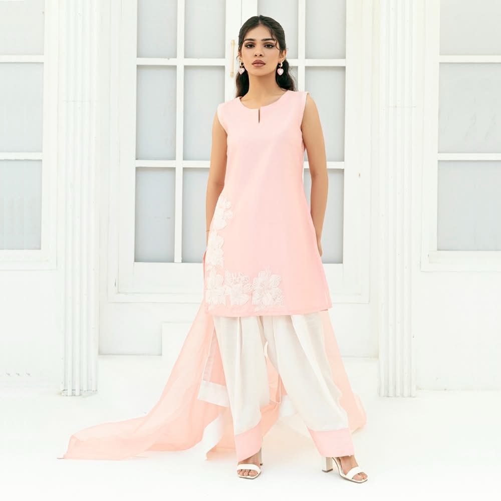 Elegant Pink and White Embroidered Farshi Shalwar Set!